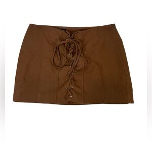 NWOT Zara Cotton Linen Blend Lace Up Brown Mini Skirt Brown Size Small